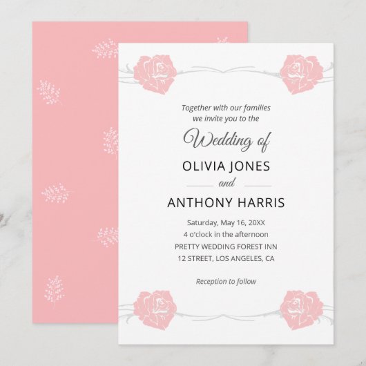 Geometric Pink Rose Floral Elegant Wedding  招待状 (正面/裏面)