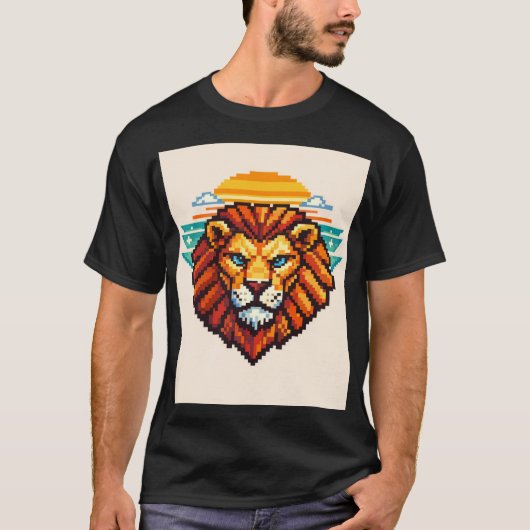 Geometric Pixel Lion Retro Tシャツ (正面)
