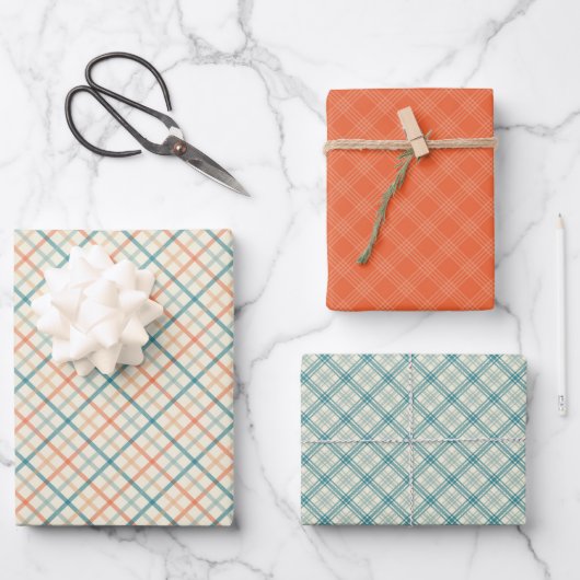Geometric Plaid Pattern in Peach and Teal ラッピングペーパーシート (正面)