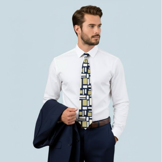 Geometric Rectangle Pattern Tie in Ivory and Gold  ネクタイ