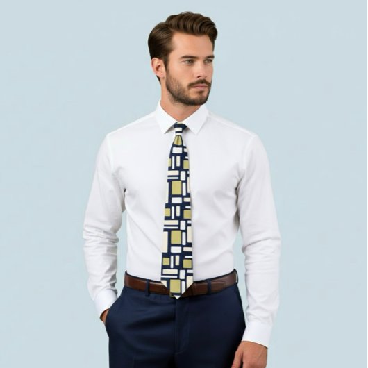 Geometric Rectangle Pattern Tie in Ivory and Gold  ネクタイ