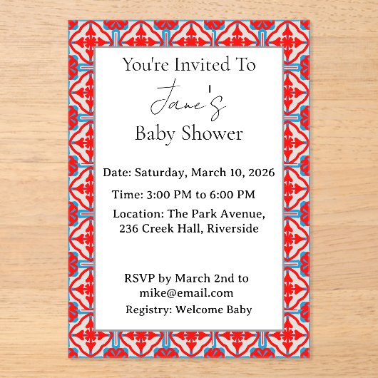 Geometric Red Acrylic Baby Shower Invitation アクリル招待状 (正面)