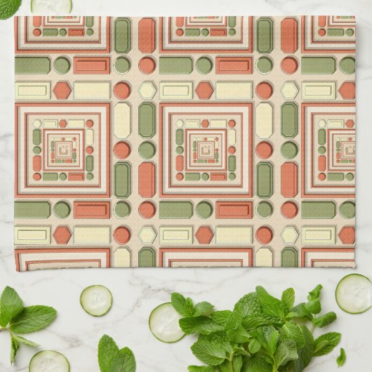 Geometric relief pattern in red and green キッチンタオル (折り畳み)