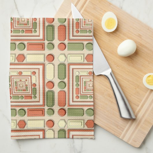 Geometric relief pattern in red and green キッチンタオル (四つ折り)