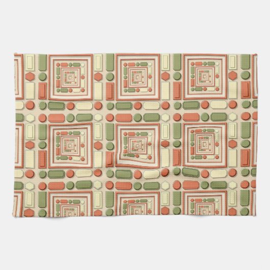Geometric relief pattern in red and green キッチンタオル (横)