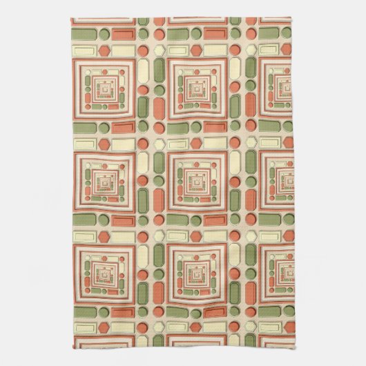 Geometric relief pattern in red and green キッチンタオル (縦)