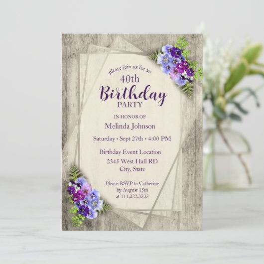 Geometric Rustic Pansies 40th Birthday 招待状 (スタンド正面)