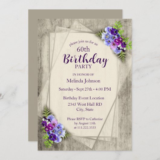 Geometric Rustic Pansies 60th Birthday 招待状 (正面/裏面)