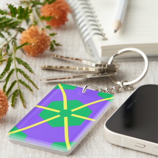 Geometric Starburst in Purple, Green and Yellow キーホルダー (正面右)