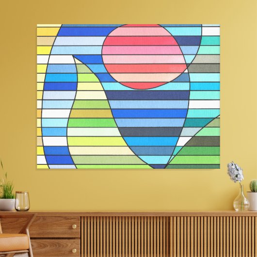 Geometric Stripes with Red Circle and Green Curves キャンバスプリント (インサイチュ (リビング))
