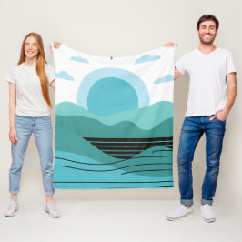 Geometric Sun Mountain Abstract with Tribal Border フリースブランケット