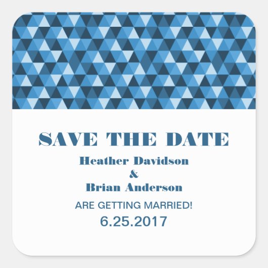 Geometric Triangles日付ステッカーを青で保存 スクエアシール (正面)