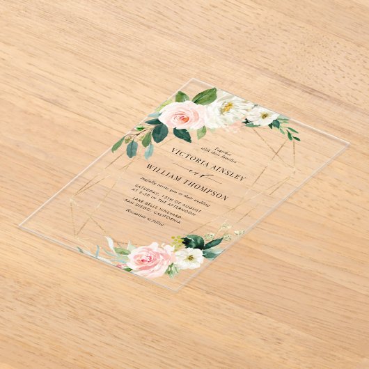 Geometric Watercolor Spring Blooms Wedding  アクリル招待状 (レイダウン)