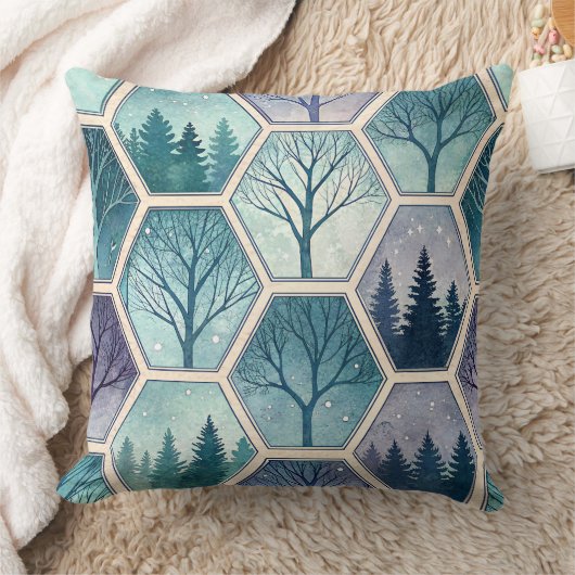Geometric Winter Forest – Trees in Hexagon クッション (ブランケット)