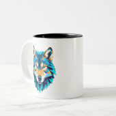 Geometric Wolf Head – Neon Blue Low Poly Animal Ar ツートーンマグカップ (正面左)