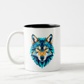 Geometric Wolf Head – Neon Blue Low Poly Animal Ar ツートーンマグカップ