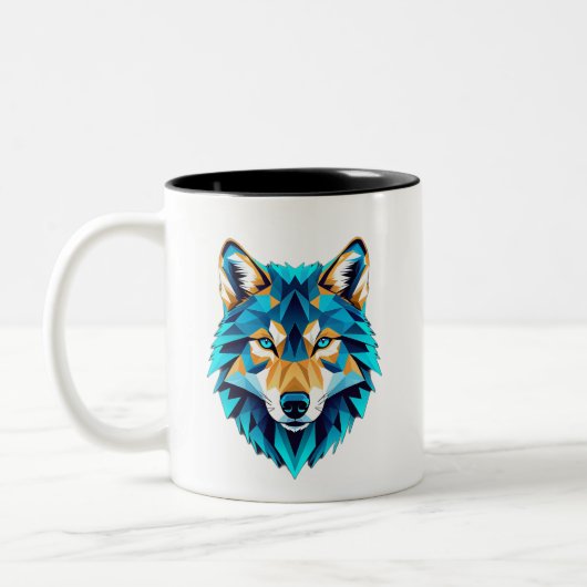 Geometric Wolf Head – Neon Blue Low Poly Animal Ar ツートーンマグカップ (左)