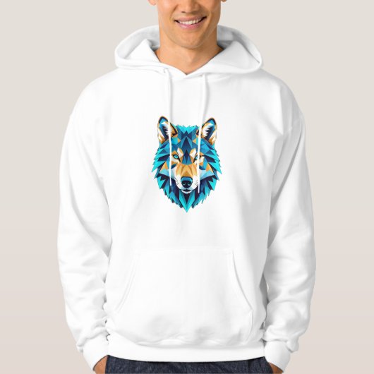 Geometric Wolf Head – Neon Blue Low Poly Animal Ar パーカ (正面)