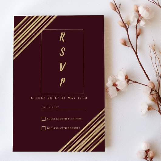 Geometrical burgundy gold typo RSVP  招待状