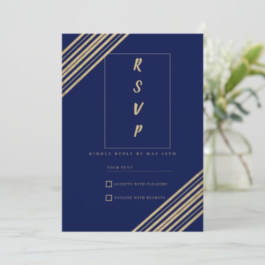 Geometrical navy blue gold typography RSVP  招待状 (スタンド正面)