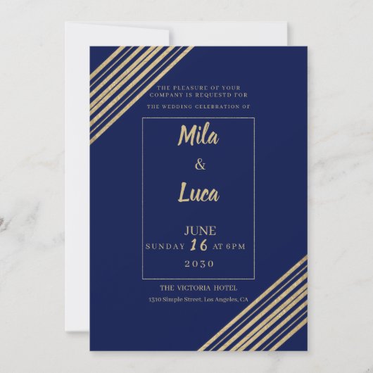 Geometrical navy blue gold typography Wedding 招待状 (正面)