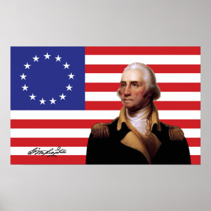 George Washington & 13-Star U.S. Flag ポスター