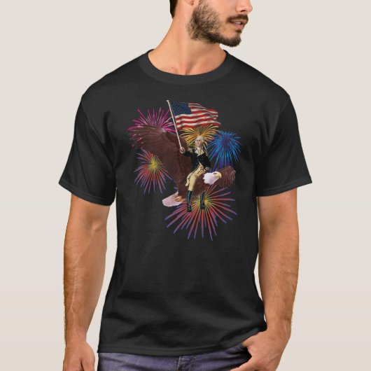 George Washington Riding an Eagle with a Flag 4th  Tシャツ (正面)
