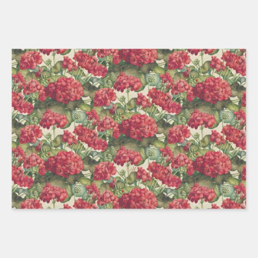 Geraniums Red Wrapping Paper Flat Sheet Set of 3 ラッピングペーパーシート (正面)
