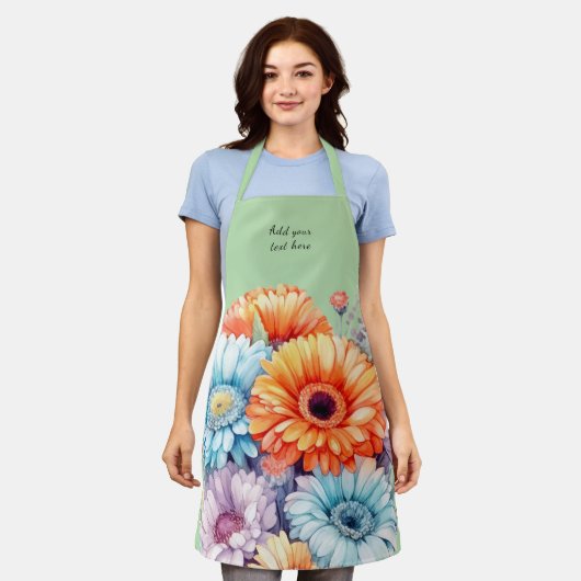 Gerbera flowers custom text green エプロン (着用した状態)