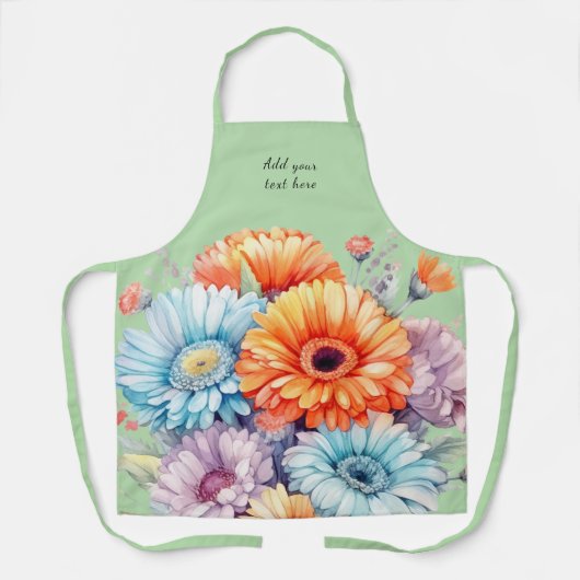 Gerbera flowers custom text green エプロン (正面)