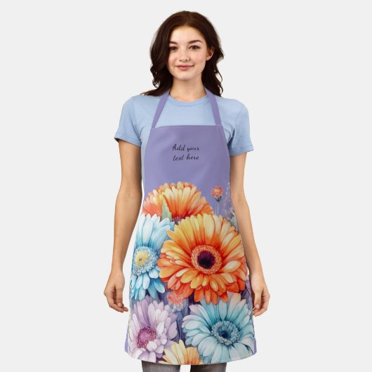 Gerbera flowers custom text purple エプロン (着用した状態)
