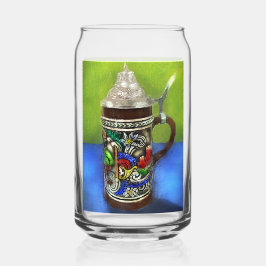 German Beer Stein w/Hinged Lid Blue Green ガラス缶