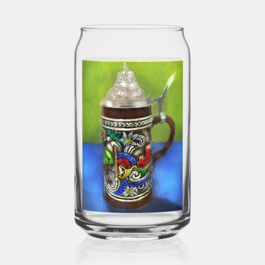 German Beer Stein w/Hinged Lid Blue Green ガラス缶 (正面)