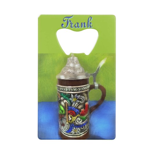 German Beer Stein w/Hinged Lid Blue Personalized  クレジットカード栓抜き (正面)