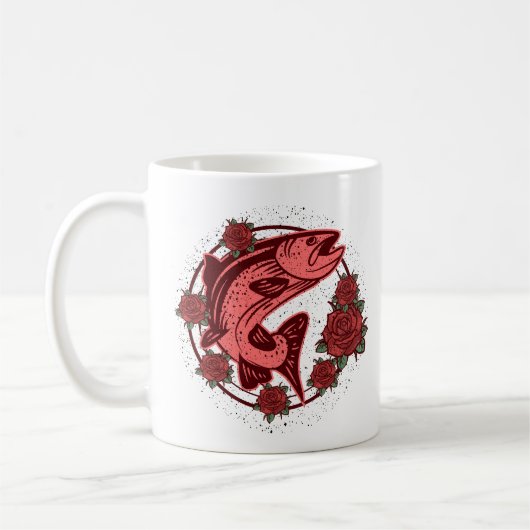 German Brown Trout Vintage Floral Art コーヒーマグカップ (左)