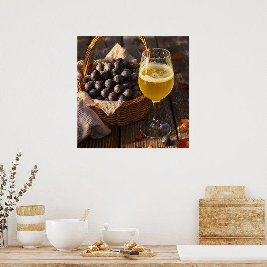 German Harvest: Grapes in Basket with Federweißer ポスター (キッチン)