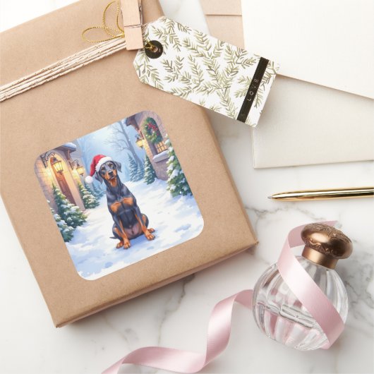 German Pinscher Snowy Courtyard Santa Hat スクエアシール (ギフト)