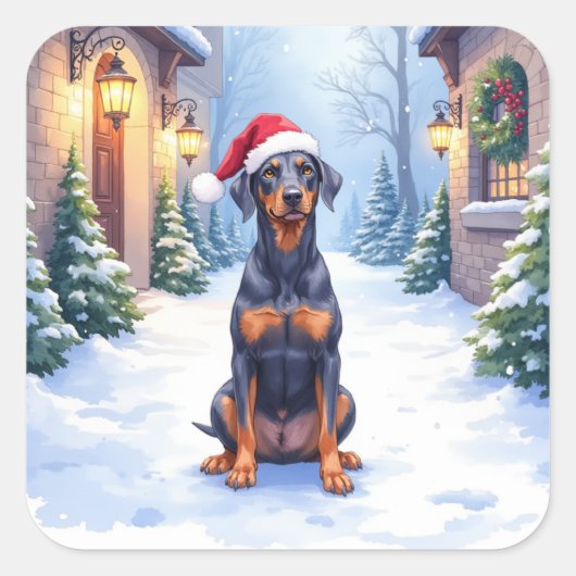 German Pinscher Snowy Courtyard Santa Hat スクエアシール (正面)