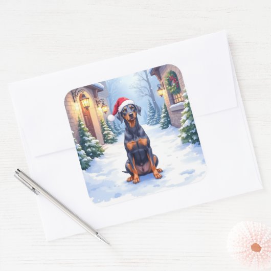 German Pinscher Snowy Courtyard Santa Hat スクエアシール (封筒)