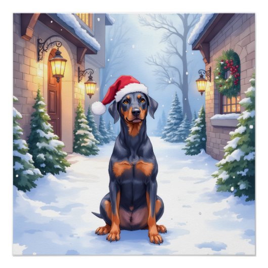 German Pinscher Snowy Courtyard Santa Hat ポスター (正面)