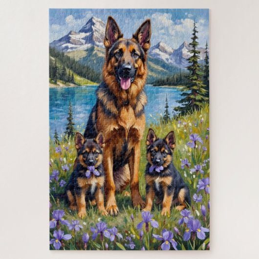 German Shepherd Alpine Iris Art ジグソーパズル (縦)