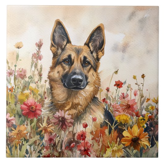 German Shepherd Among Vibrant Wildflowers タイル (正面)