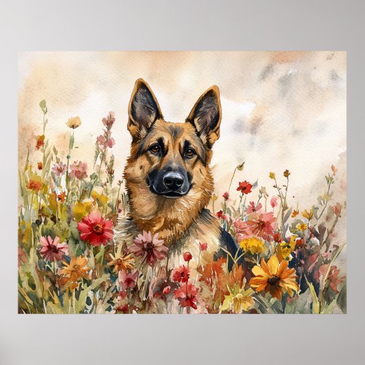 German Shepherd Among Vibrant Wildflowers ポスター (正面)