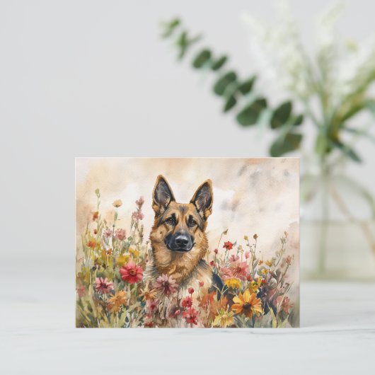 German Shepherd Among Vibrant Wildflowers ポストカード (スタンド正面)
