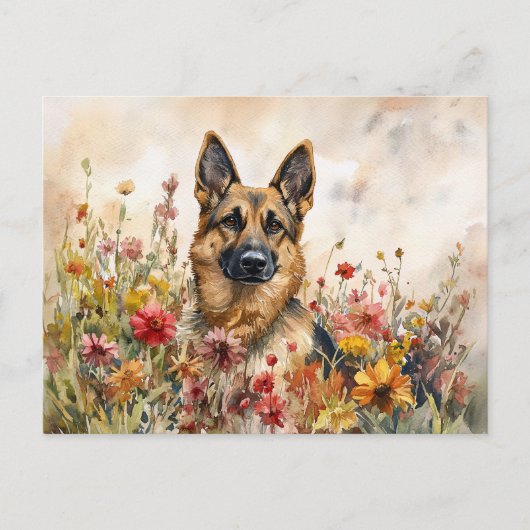 German Shepherd Among Vibrant Wildflowers ポストカード (正面)