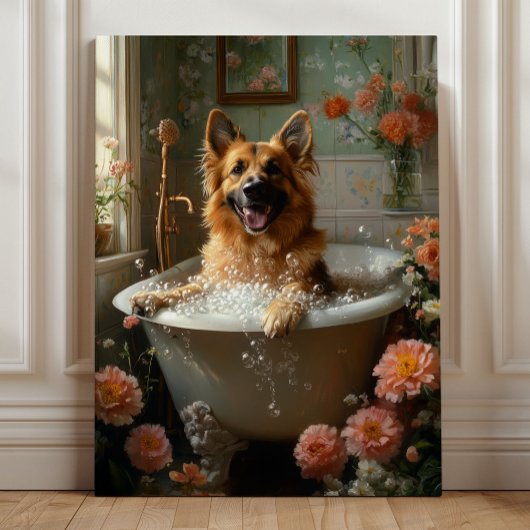 German Shepherd Bath, Whimsical Dog Bathroom キャンバスプリント