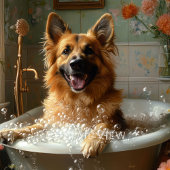 German Shepherd Bath, Whimsical Dog Bathroom キャンバスプリント