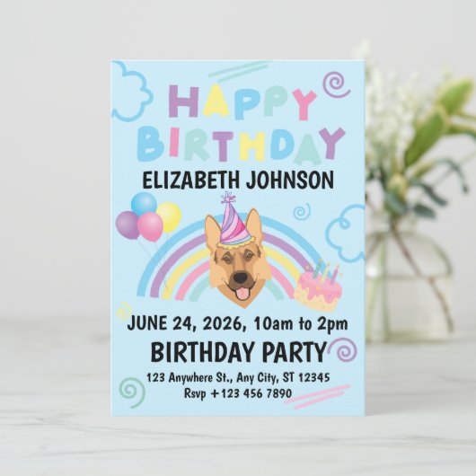 German Shepherd Birthday Invitation in Blue 招待状 (スタンド正面)