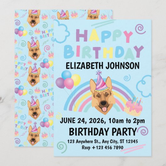 German Shepherd Birthday Invitation in Blue 招待状 (正面/裏面)