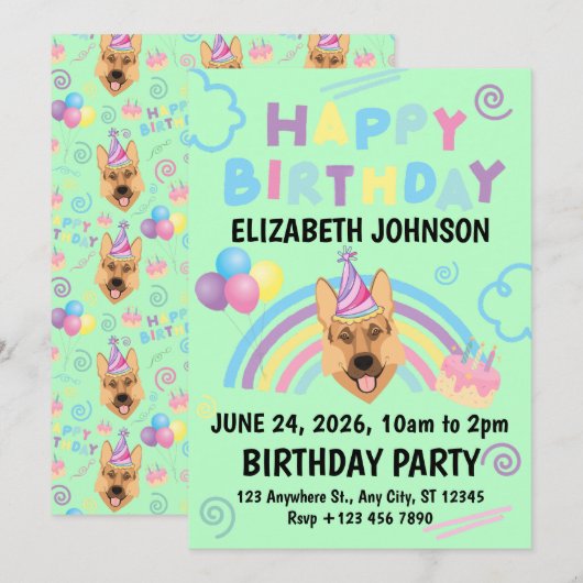 German Shepherd Birthday Invitation in Green 招待状 (正面/裏面)